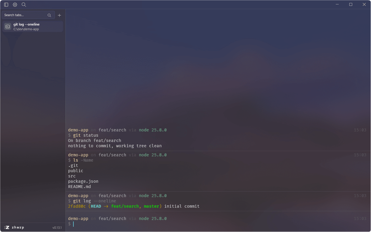 Zharp's main window: sessions sidebar on the left, terminal output grouped into command blocks