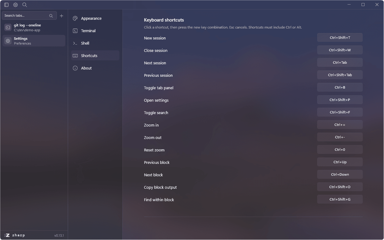 Shortcut settings