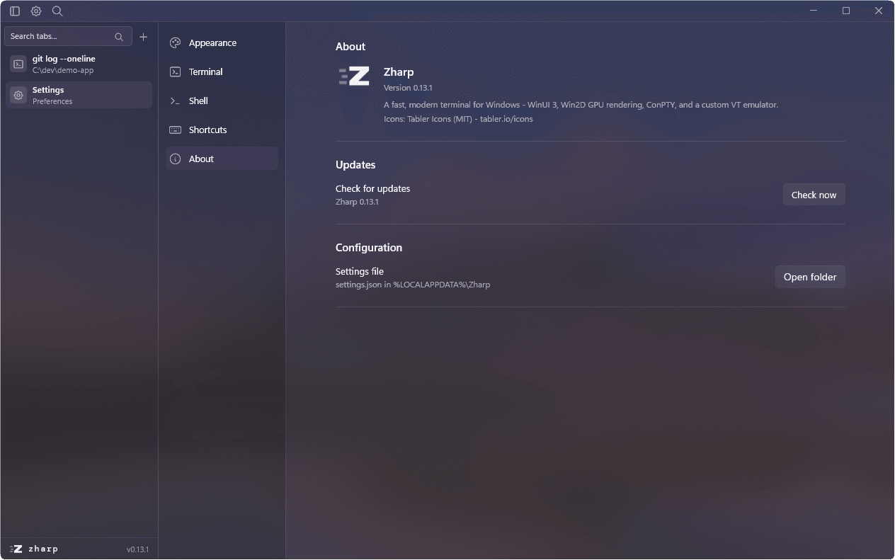 The About panel in settings