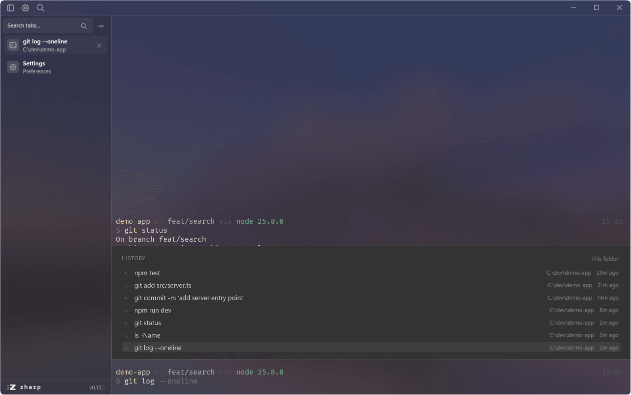The command history panel listing recent commands with their folders and how long ago they ran